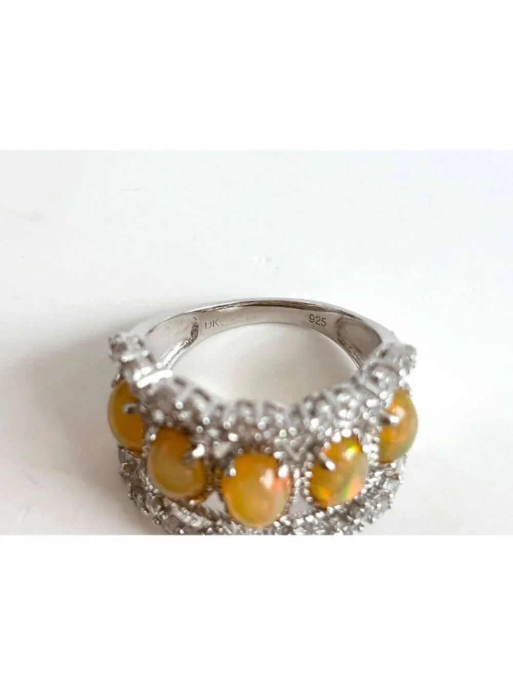 Ethiopian Opal Stone Row Set Scalloped Sterling Silver 925 Vintage Ring - sz 8
